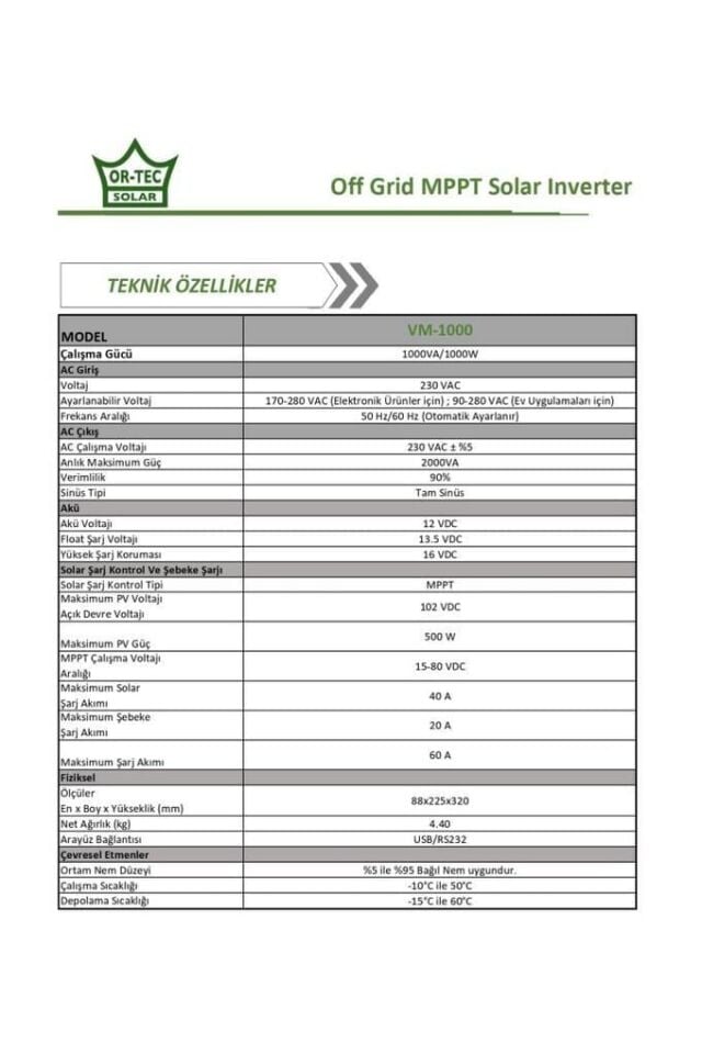 ORTEC SOLAR 12V 1KW MPPT AKILLI İNVERTER
