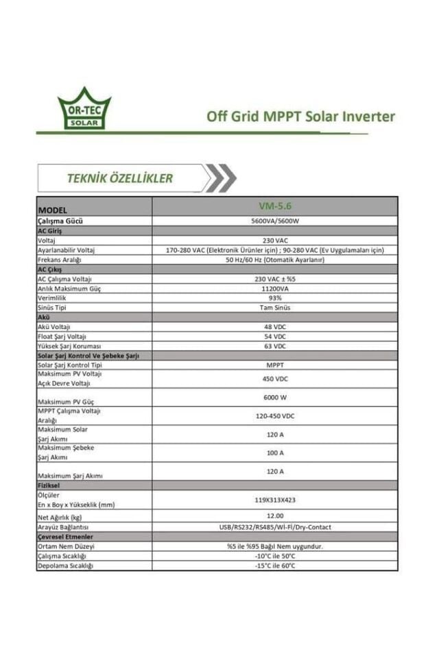 ORTEC SOLAR 48V 5.6KW MPPT AKILLI İNVERTER
